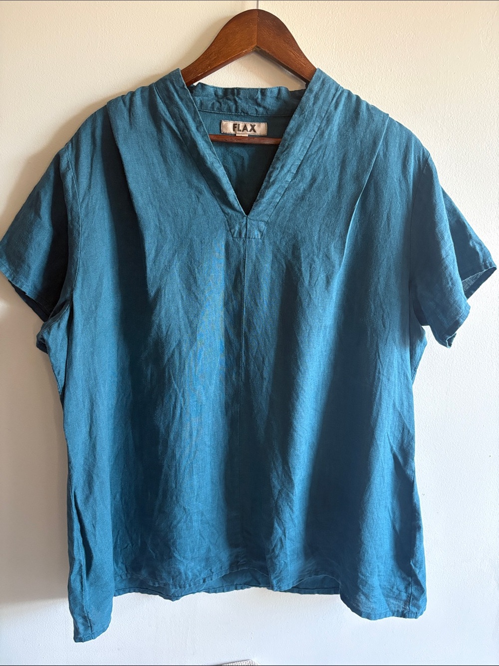 FLAX 100% Linen Teal Blue V Neck Tunic Top L Lagenlook